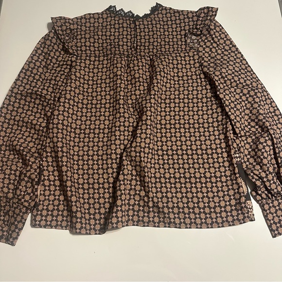 New Anthropology Women Mine Ballon Sleeves Ruffle  Size Large Gray Tan Blouse - Picture 3 of 8